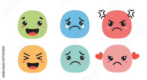 Kawaii-style cartoon faces expressing happy, sad, angry, and love emotions.
