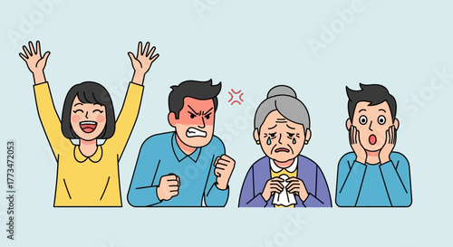 Flat vector illustration of people showing various emotions such as joy, anger, sadness, surprise