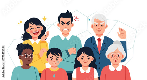 Flat vector illustration of people showing various emotions such as joy, anger, sadness, surprise
