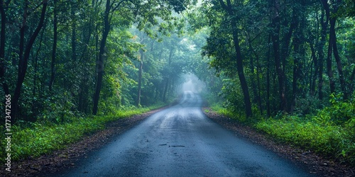 A misty, winding road through a dense forest, with trees on both sides and a clear path in the middle, leading into the distance.