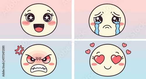 Kawaii-style cartoon faces expressing happy, sad, angry, and love emotions.