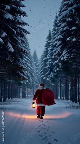 solitary figure walking through snow-covered forest at night. person is dressed in traditional Santa Claus attire, complete with red suit