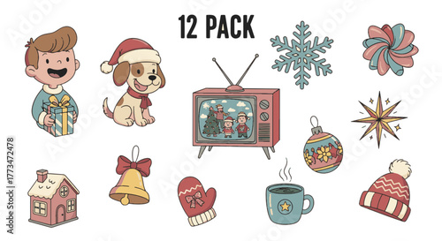 Christmas sticker set with festive winter holiday icons for decoration