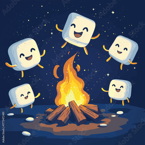 Happy marshmallows dancing around a campfire illustration