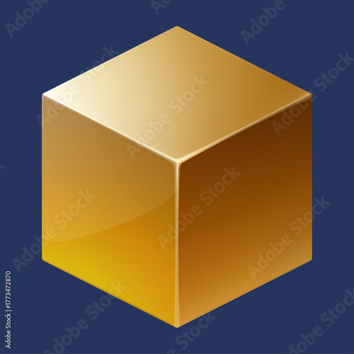 Abstract Gradient Gold Cube Against a Dark Blue Background; Geometric & Metallic