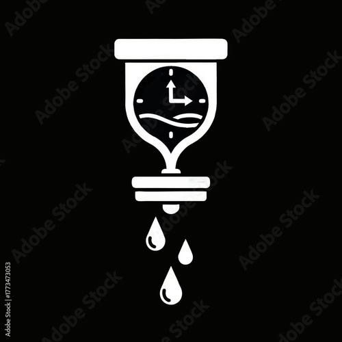 A conceptual icon of time and medicine with a clock in an IV drip bag. Minimalist flat design glyph. Vector symbol for urgency and deadlines isolated on a black background.