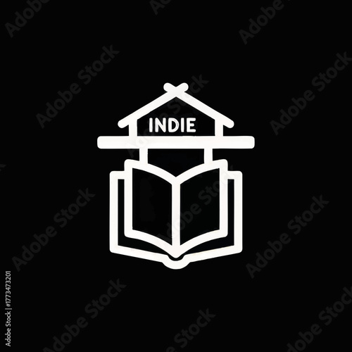 Indie bookstore logo icon. Minimalist line art symbol of a book and house. Vector illustration for an independent publisher or library