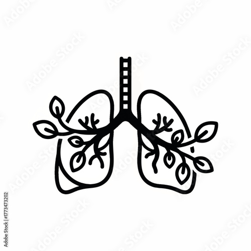 Lungs stylized as a tree with leaves icon. Minimalist line art vector illustration. A symbol of respiratory health, clean air, and the environment