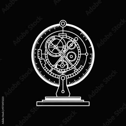 Line art illustration of a steampunk armillary sphere. Vector icon of an ancient astronomical instrument with clockwork gears. Mechanical design isolated on a black background