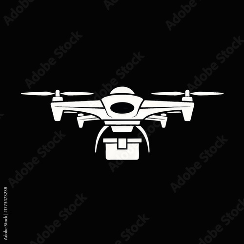 Delivery drone icon carrying a package. Minimalist flat design silhouette. Modern logistics and autonomous shipping vector illustration