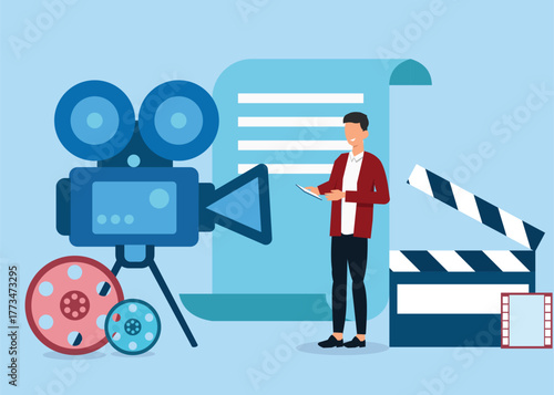 The Presenter is recording in front of the camera. Stock Illustration