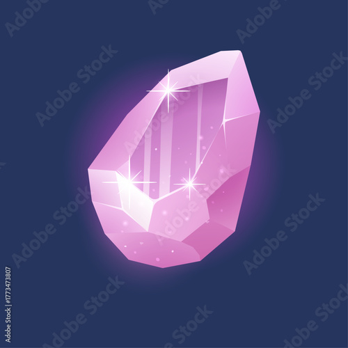 Shiny pink faceted gemstone illustration with magical sparkles and glow on a dark background