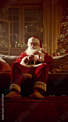 person dressed in traditional Santa Claus attire, sitting on couch with their legs crossed. They are holding what appears to be cup of hot