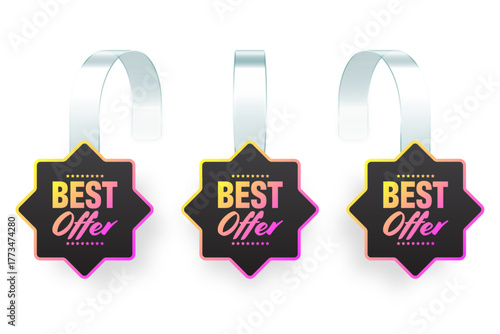 Colorful neon supermarket promotional wobblers. Realistic wobbler template for shelf advertising. Sale or discount label with ad text. Special offer price tag. Vector illustration