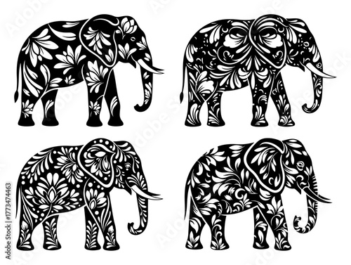 Decorative Elephant Vector Set. Collection of stylized Indian elephants with intricate floral ornament. Ethnic animal silhouette for logo or tattoo design.