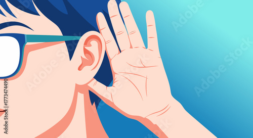 Vibrant vector illustration of a person actively listening with a hand cupped behind the ear, symbolizing focused attention, clear communication, and the importance of understanding