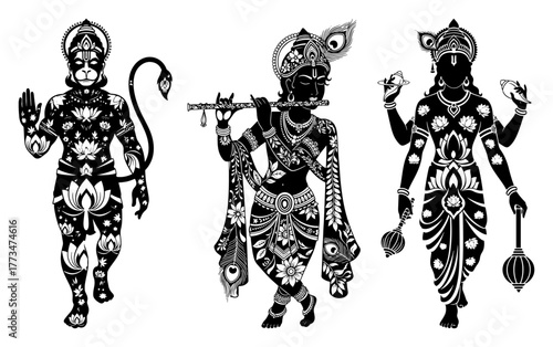 Ornate Hindu Gods Set Hanuman Krishna Vishnu Black and white vector illustration with floral patterns