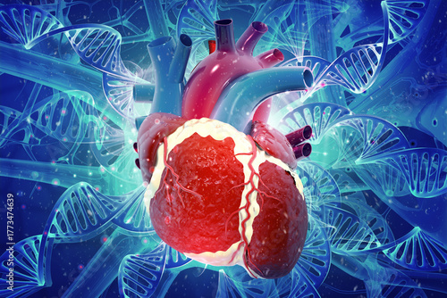 DNA strands connecting to a human heart, symbolizing the link between biotechnology, 
genetic science and the cardiovascular system. 3d illustration
