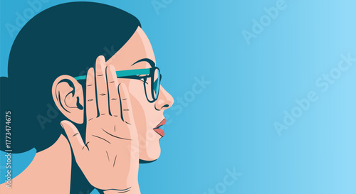 Side profile of a curious woman with glasses listening to important news or information. Vector illustration concept for communication and hearing