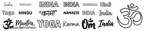 India Lettering and Om Symbol Vector Set with Hindi Devanagari Words Namaste Yoga Mantra