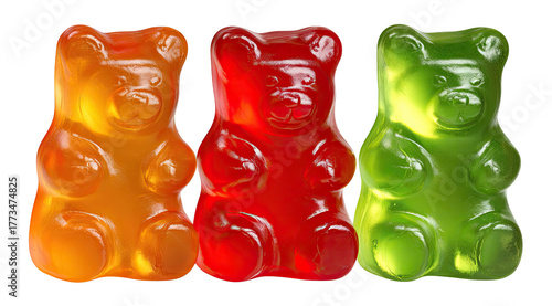 Three colorful gummy bears, translucent and glistening, arranged closely