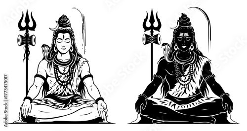 Meditating Lord Shiva vector illustration set. Hindu God in lotus pose with trident in both outline and silhouette style for yoga and spiritual design.