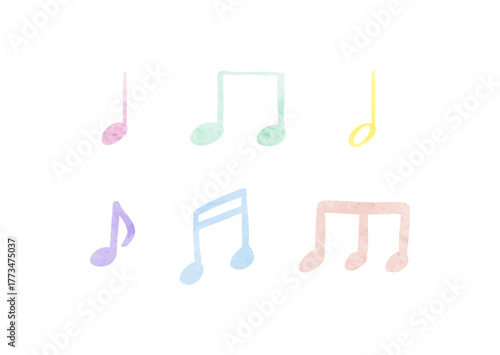 水彩の音符アイコンセット　パステルカラー　ピンク　緑　黄色　紫　青　オレンジ