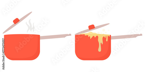 Illustration of two red saucepans with open lids, one steaming and the other overflowing with boiling liquid. Clean flat style suitable for cooking, recipes, and kitchen graphics.