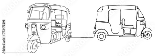 Auto Rickshaw Continuous Line Drawing. One line art illustration of an Indian Tuk Tuk. Minimalist Asian transport vehicle vector for travel design.