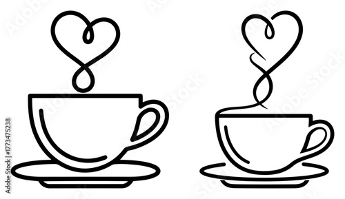 Coffee Cup with Heart Steam Icon Set. Line art symbol of love for coffee or tea. Hot drink mug vector for cafe logo menu or valentine design.