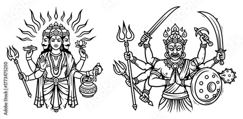 Hindu Gods Brahma and Durga Line Art Vector Set. Hand drawn illustration of creator god Brahma and warrior goddess Devi. Indian mythology deities for spiritual design.