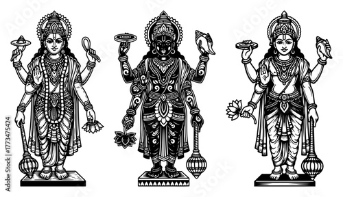 Set of Hindu God Vishnu Illustrations in Vintage Engraved Silhouette and Line Art Styles