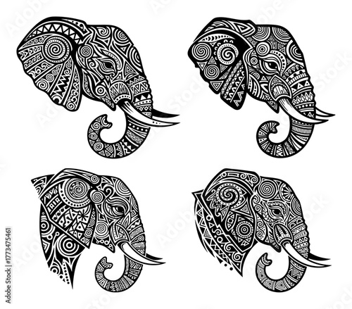 Tribal Elephant Head Vector Set. Collection of decorative elephant portraits with intricate ethnic patterns. Polynesian style zentangle animal for tattoo design.
