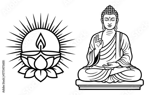Meditating Buddha and Diya Lamp on Lotus Flower Spiritual Symbols Set Vector Outline