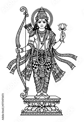 Ornate Hindu God Lord Rama with Bow and Arrow Detailed Line Art Vector Illustration