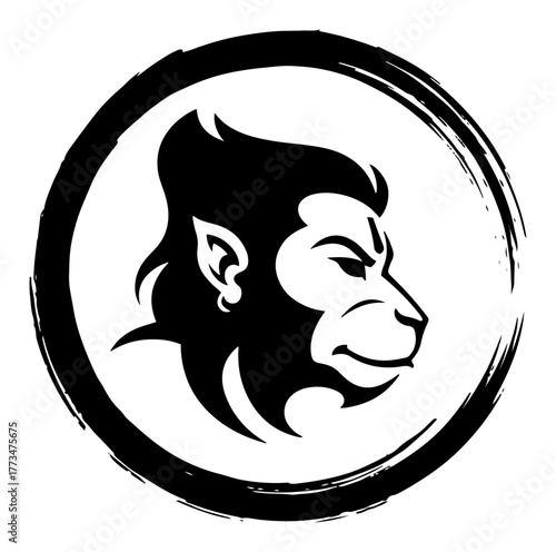 Canvas Print Hanuman Monkey God Face Emblem in Brush Circle Vector Icon