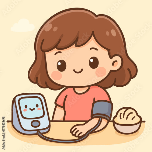 Woman checking her blood pressure kawaii style illustration
