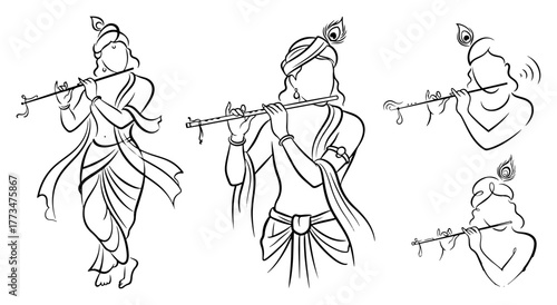 Lord Krishna Playing Flute Line Art Set Hindu God Hand Drawn Sketch Vector Collection