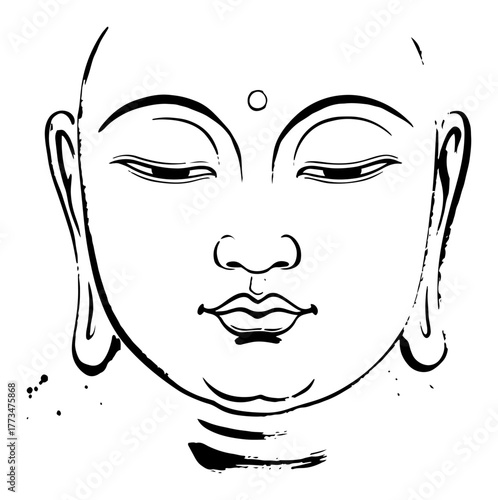 Buddha Face Ink Brush Stroke Painting Serene Meditating Gautama Head Vector Illustration