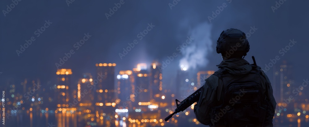 Fototapeta premium Military shadows stretch over city skyline like thunderclouds before a storm of conflict escalation