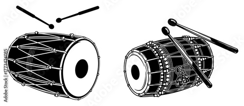 Indian Dhol Drum Vector Set Traditional Punjabi Percussion Instrument in Engraved Style