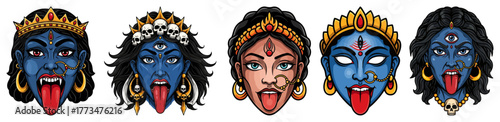 Hindu Goddess Kali Faces Vector Set. Collection of colorful portraits of divine female deities Kali and Parvati. Angry and serene Indian goddess icons for stickers or tattoos.