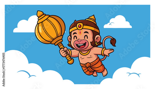 Cute Baby Hanuman Flying with Gada in Clouds Cartoon Vector