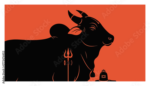 Nandi the Sacred Bull with Shiva Trishul and Lingam Hindu God Vahana Vector Silhouette Illustration
