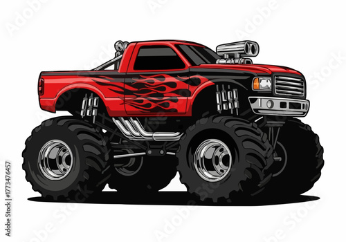 Red monster truck vector with flames and oversized tires design