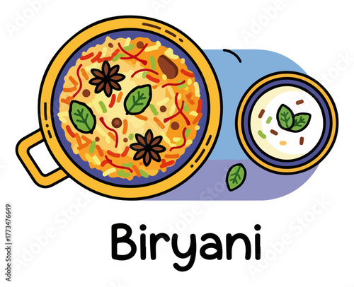 Biryani Pot with Raita Bowl Indian Cuisine Vector Illustration