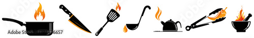 Cooking and Kitchen Utensils Icon Set. Vector collection of culinary tools with fire flame for restaurant menu or food blog design.