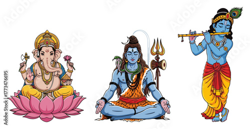 Hindu Deities Vector Set Ganesha Shiva Krishna Color Illustration