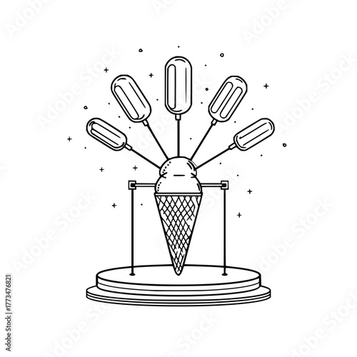Vector art of ice cream sculpture a creative illustration of an ice cream cone art installation with popsicle accents, adding a unique touch to any design