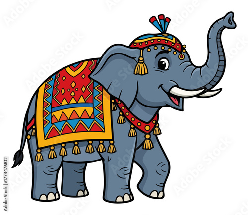 Festive Decorated Indian Elephant Cartoon Vector with Caparison and Tassels